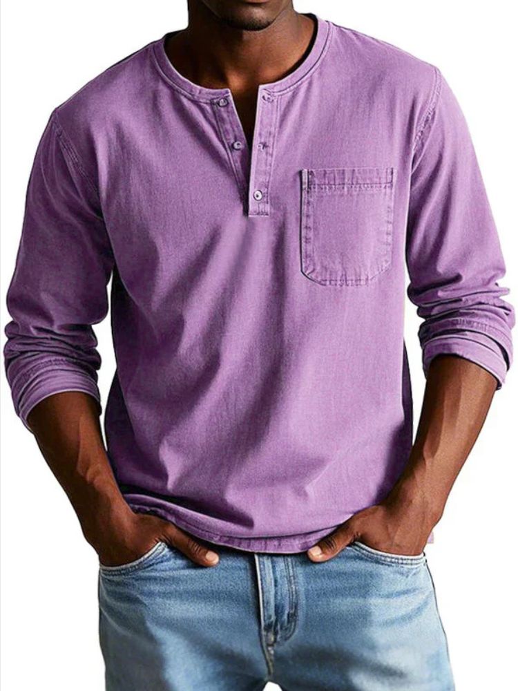 Men's Henley Shirt with Chest Pocket and Long Sleeves