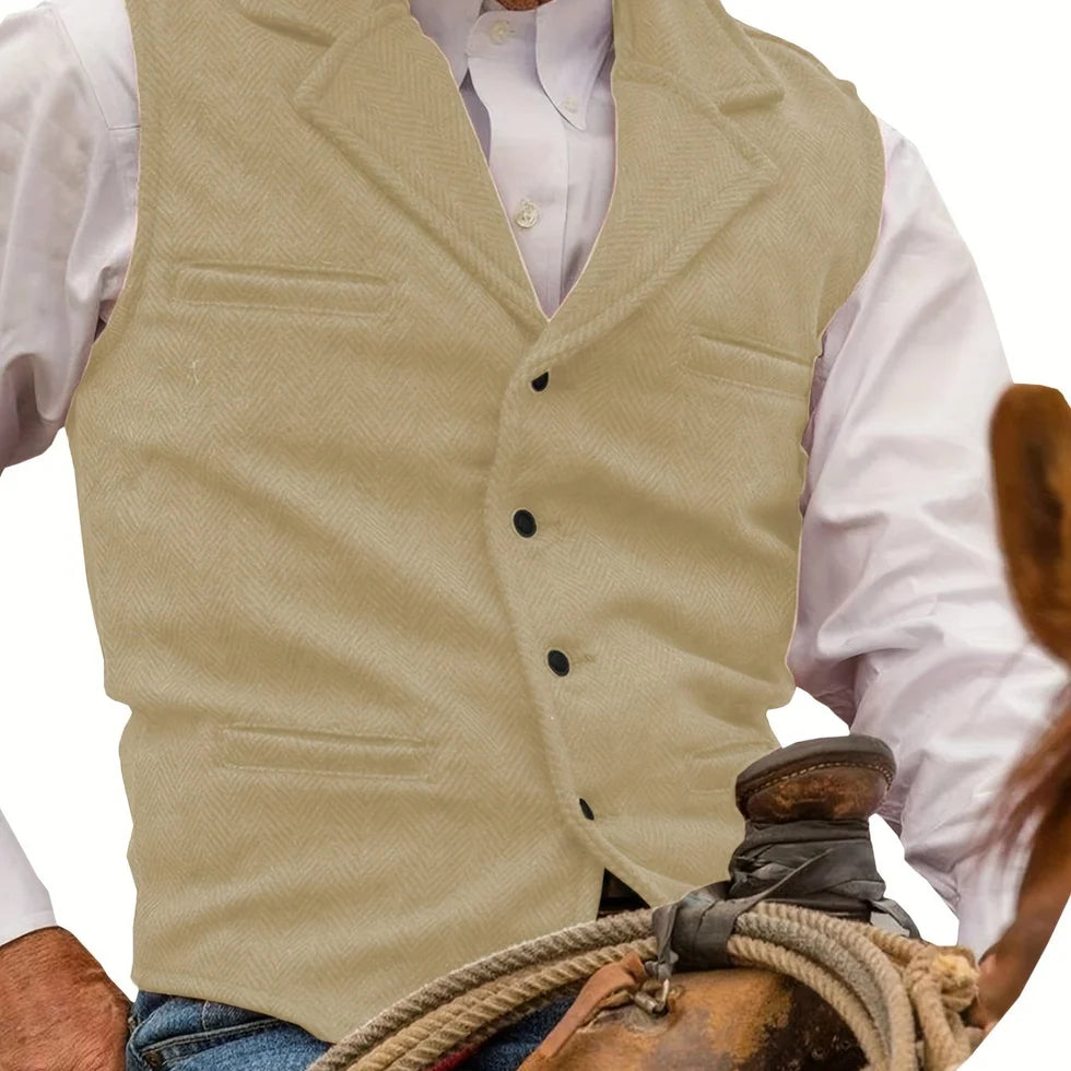 Men's Herringbone Waistcoat with Lapel Collar and Button Closure