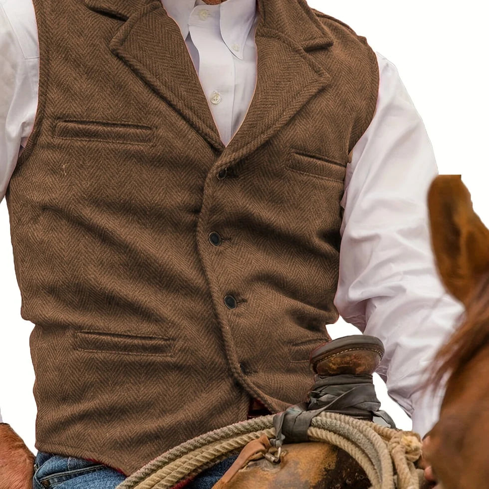 Men's Herringbone Waistcoat with Lapel Collar and Button Closure