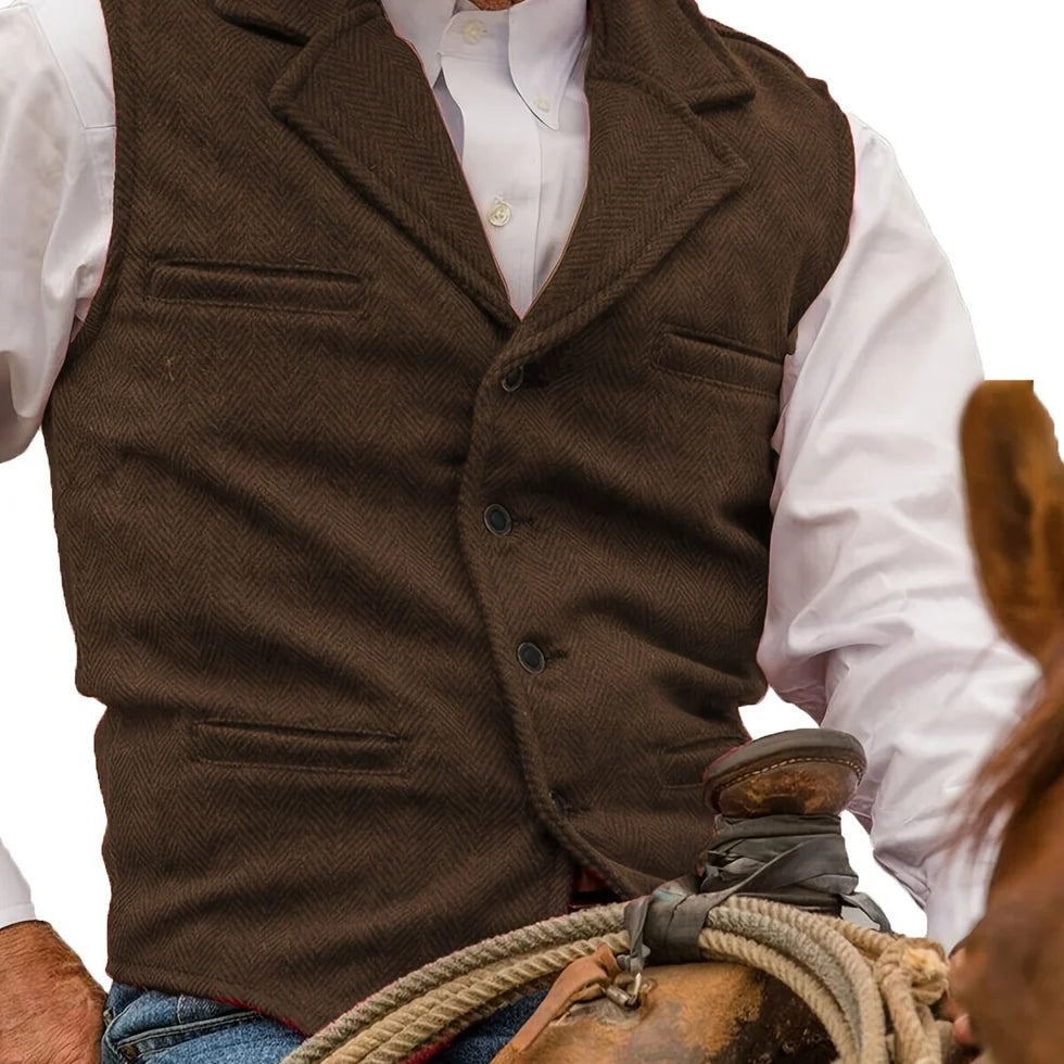 Men's Herringbone Waistcoat with Lapel Collar and Button Closure