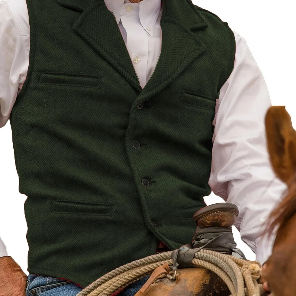 Men's Herringbone Waistcoat with Lapel Collar and Button Closure