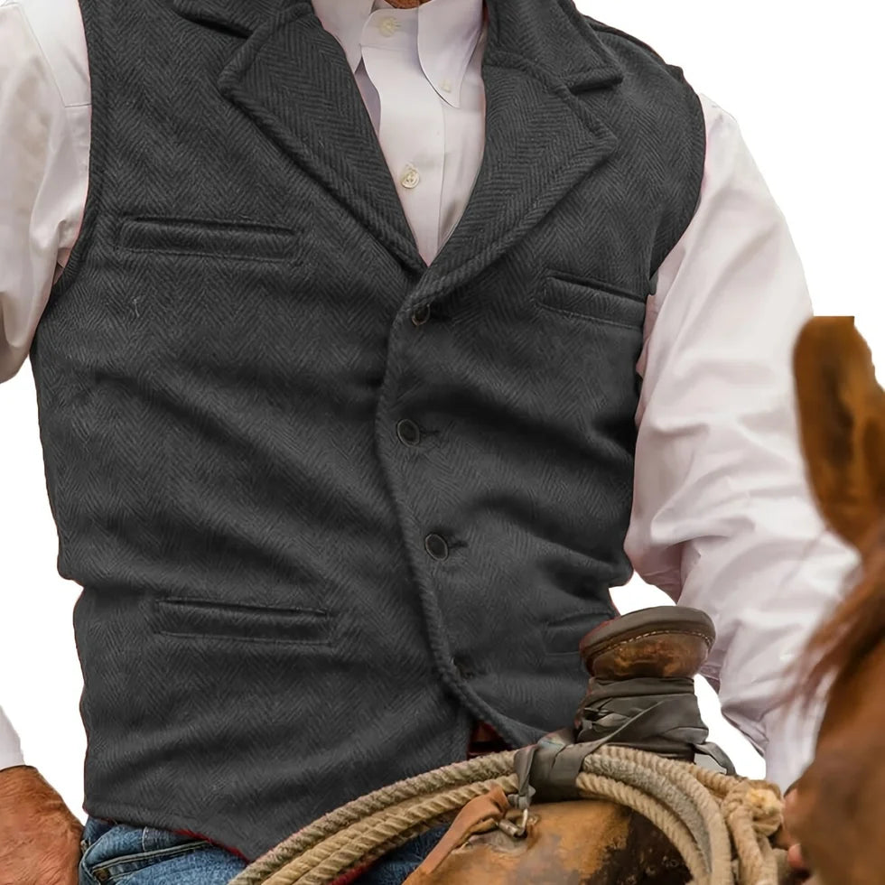 Men's Herringbone Waistcoat with Lapel Collar and Button Closure