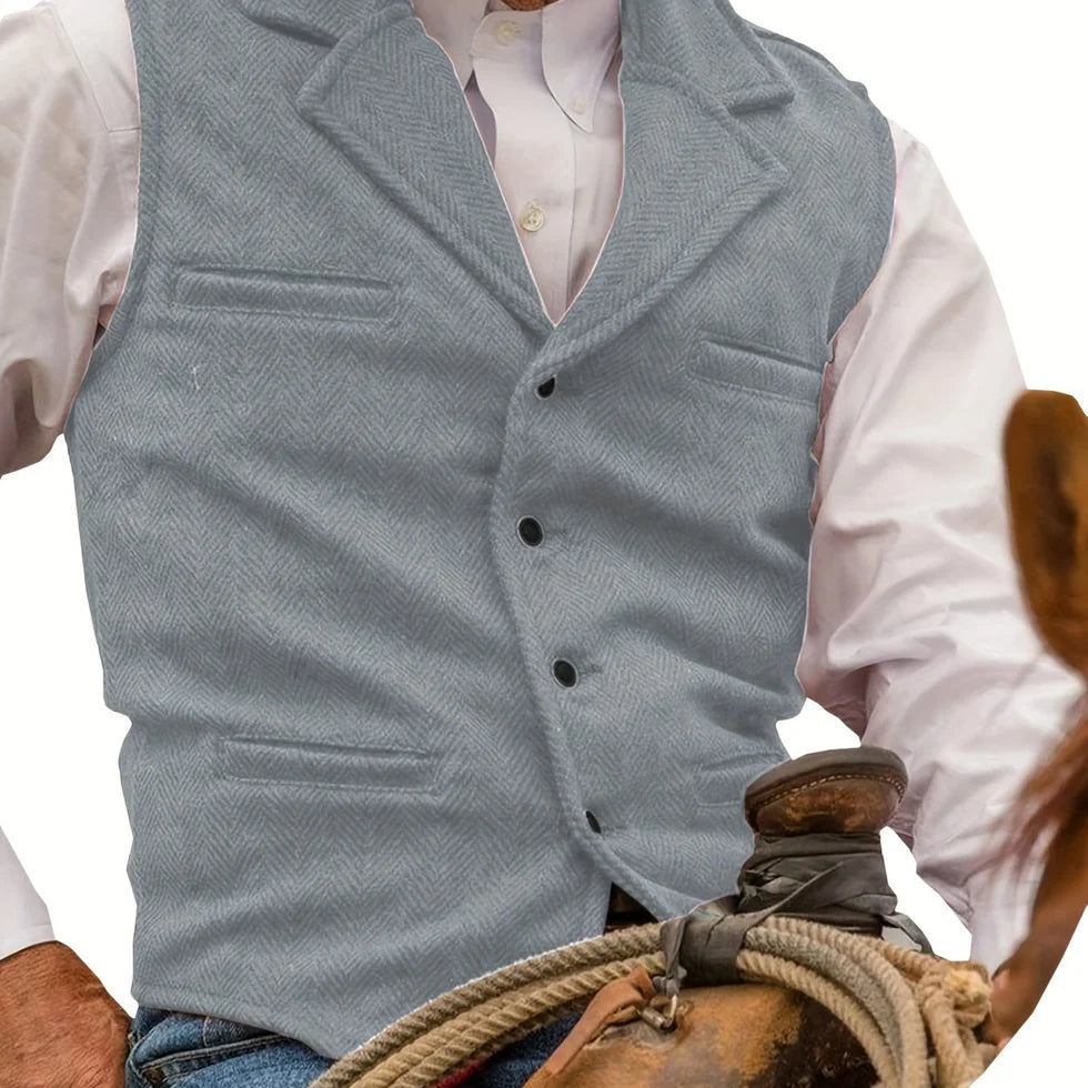 Men's Herringbone Waistcoat with Lapel Collar and Button Closure
