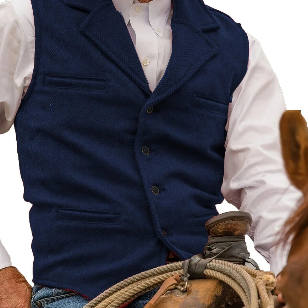 Men's Herringbone Waistcoat with Lapel Collar and Button Closure