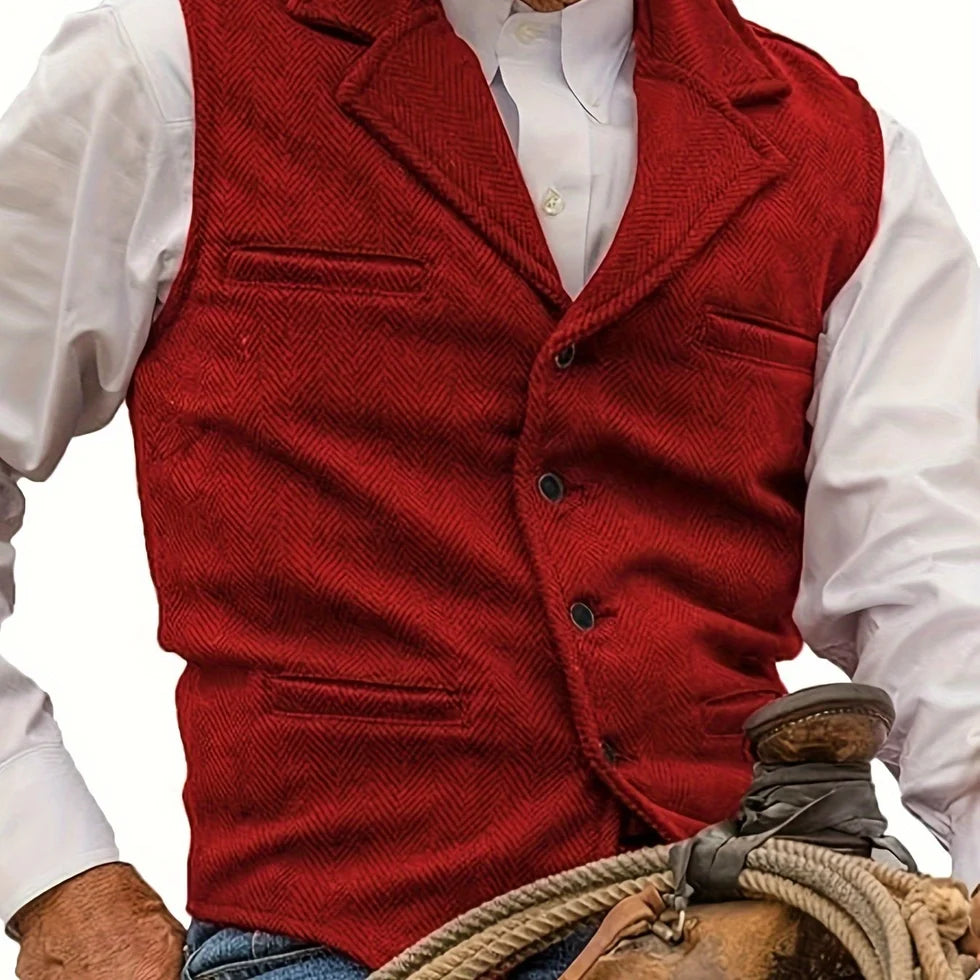 Men's Herringbone Waistcoat with Lapel Collar and Button Closure