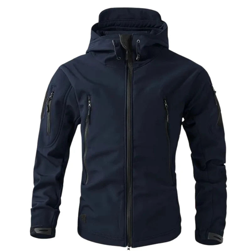 Men's Hooded Softshell Jacket with Zip Closure and Multiple Pockets