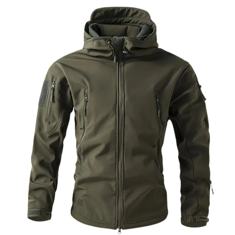 Men's Hooded Softshell Jacket with Zip Closure and Multiple Pockets