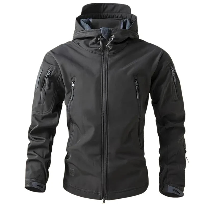 Men's Hooded Softshell Jacket with Zip Closure and Multiple Pockets
