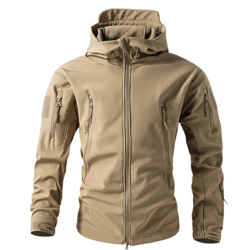 Men's Hooded Softshell Jacket with Zip Closure and Multiple Pockets