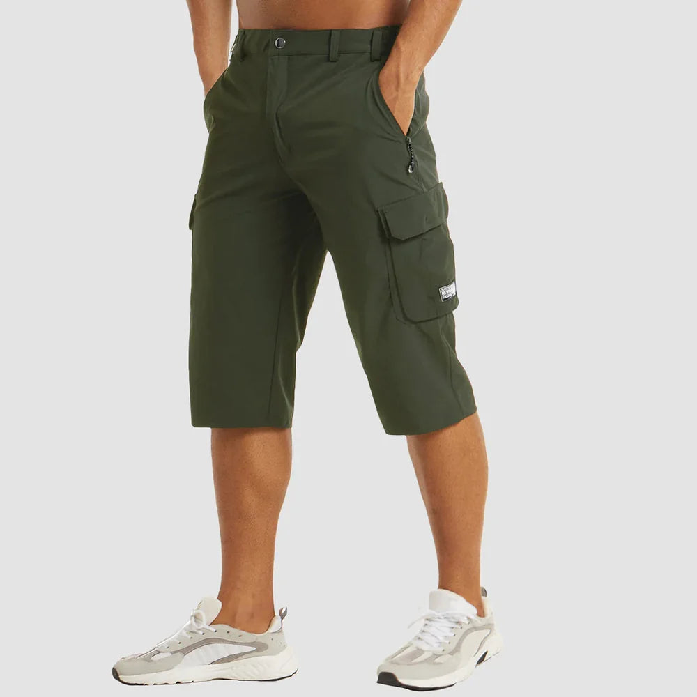 Men's Knee Length Cargo Shorts with Side Pockets and Button Closure