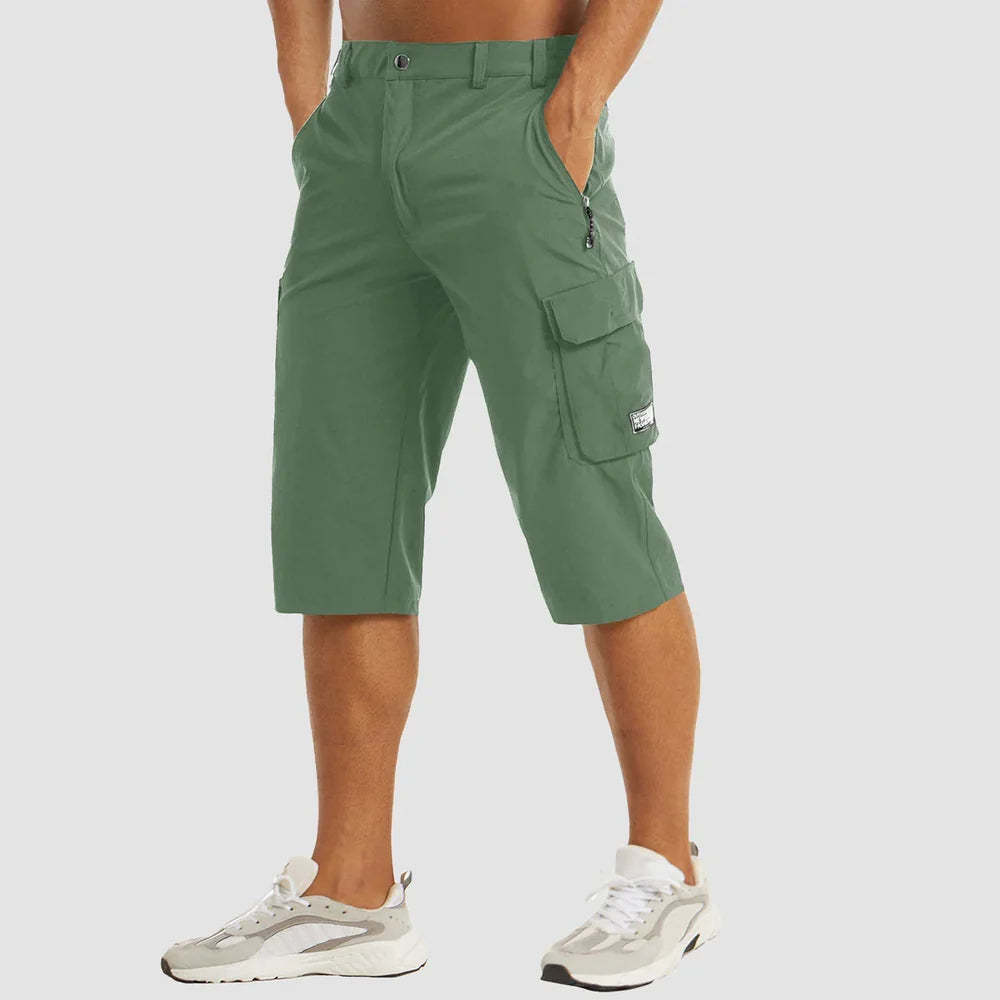 Men's Knee Length Cargo Shorts with Side Pockets and Button Closure