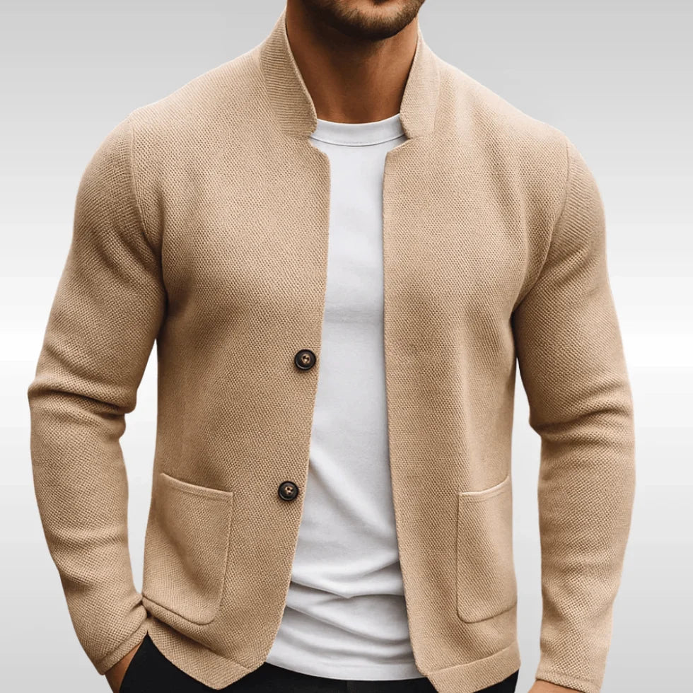 Men's Knit Cardigan with Stand Collar and Button Closure