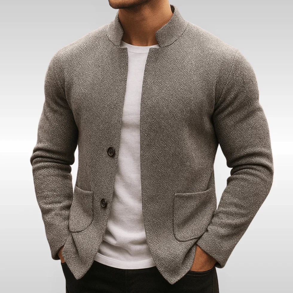 Men's Knit Cardigan with Stand Collar and Button Closure