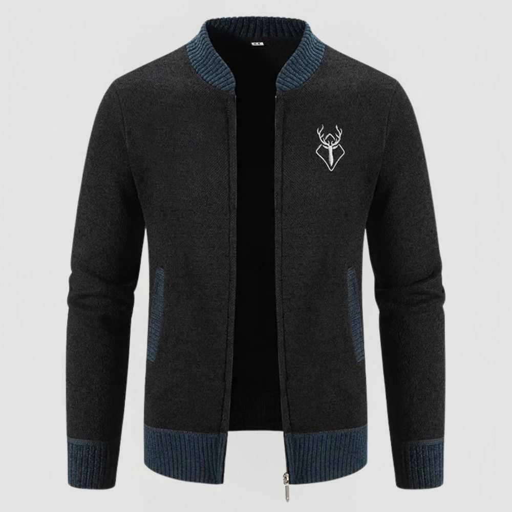 Men's Knit Zip Cardigan with Ribbed Collar and Deer Detail