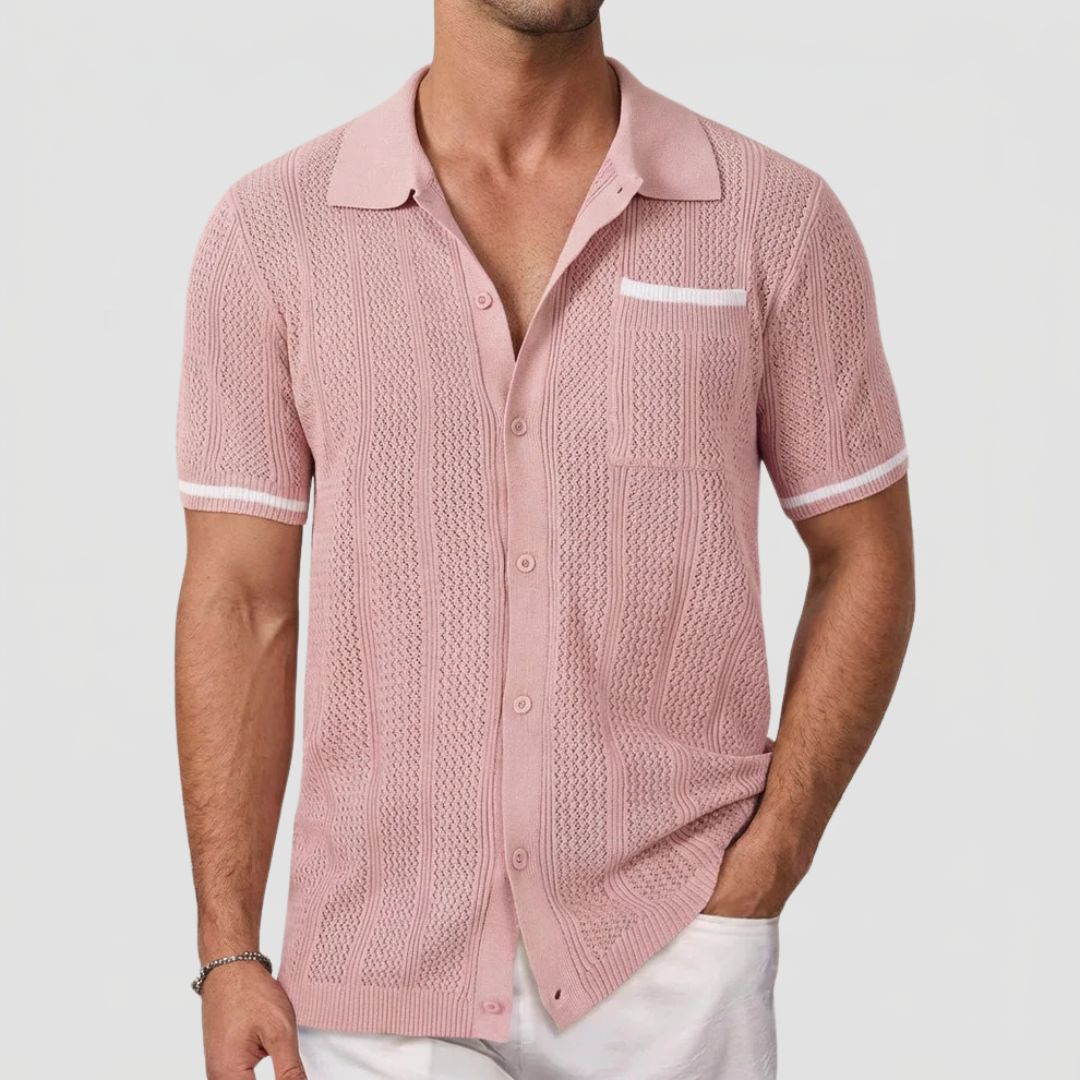 Men's Knitted Short Sleeve Shirt with Camp Collar