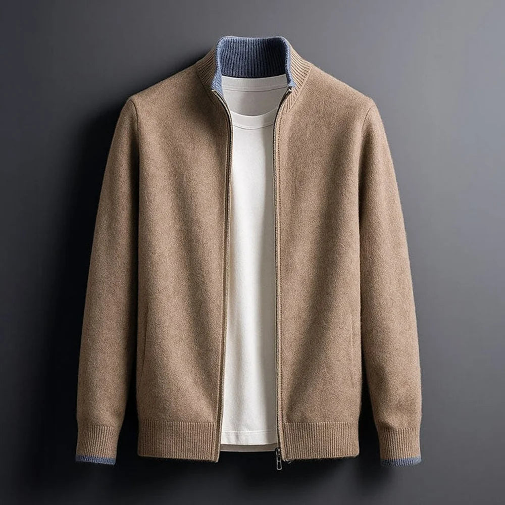 Men's Knitted Zip-up Cardigan with Ribbed Cuffs and Stand Collar