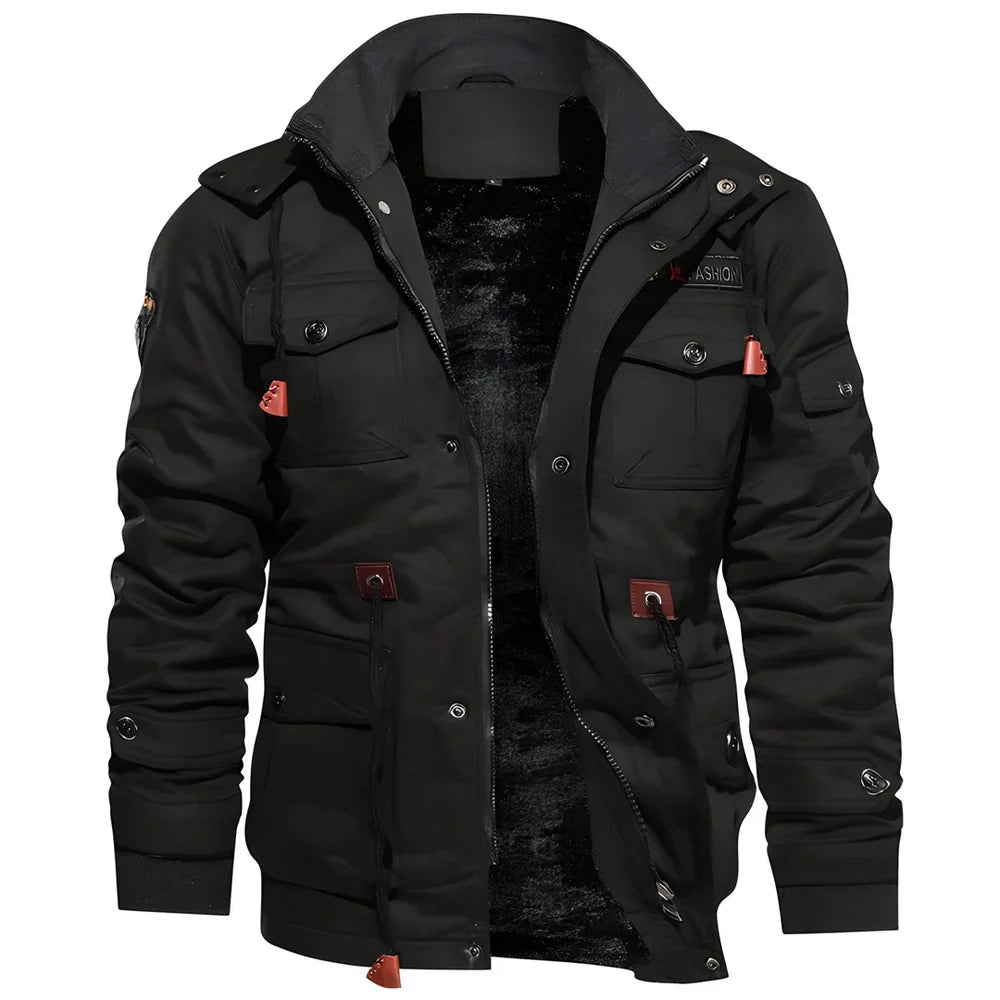 Men's Lined Winter Jacket with Zip and Button Closure