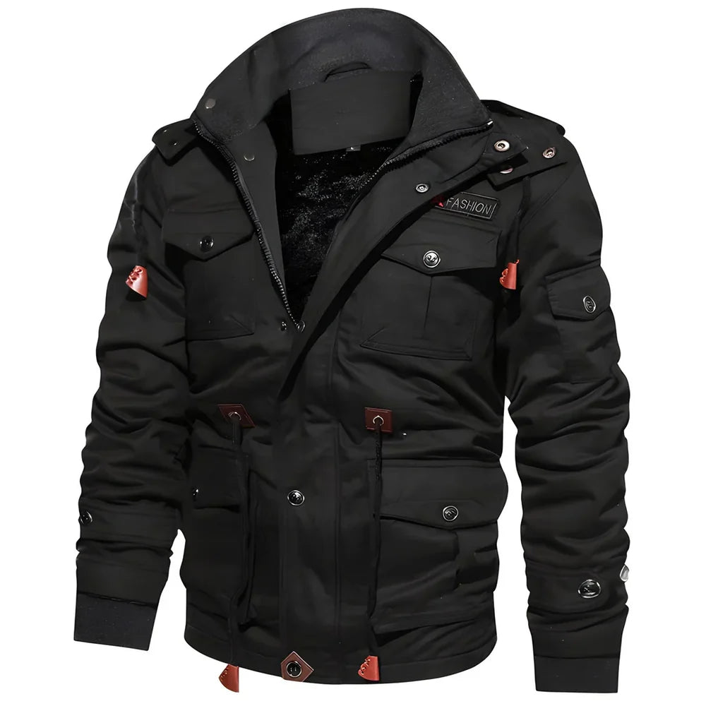 Men's Lined Winter Jacket with Zip and Button Closure