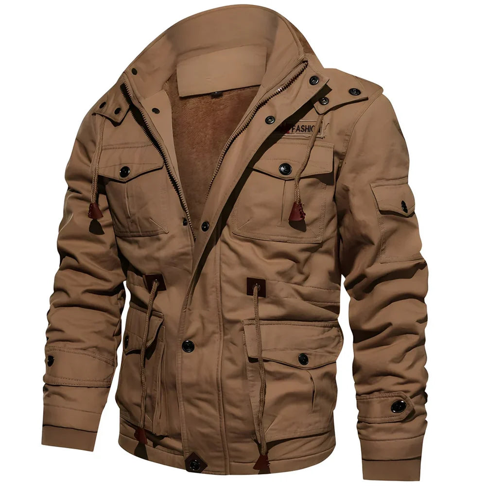 Men's Lined Winter Jacket with Zip and Button Closure