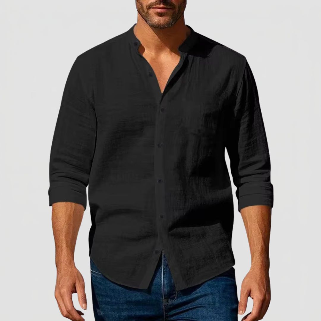 Men's Linen Henley Collar Shirt with Long Sleeves
