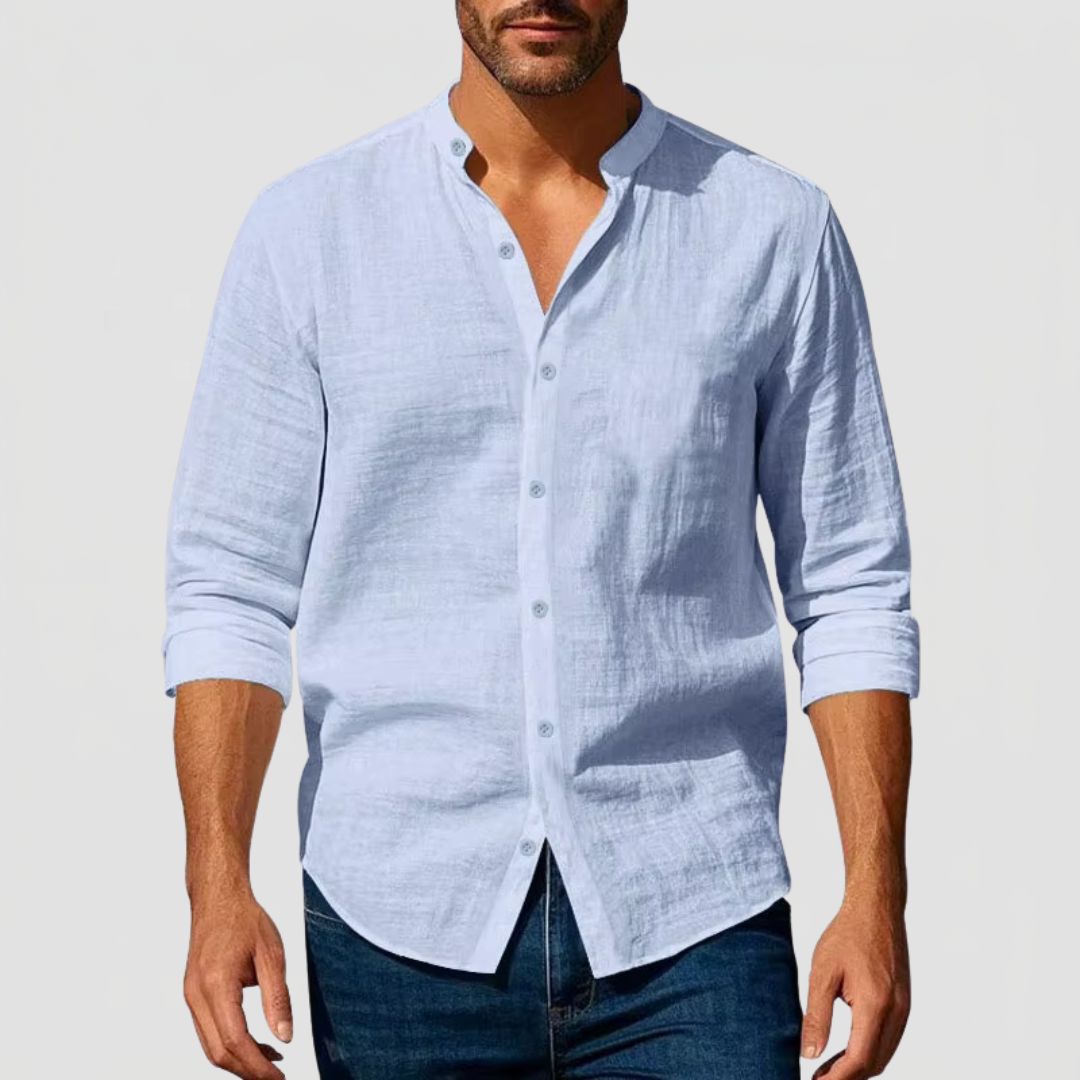 Men's Linen Henley Collar Shirt with Long Sleeves
