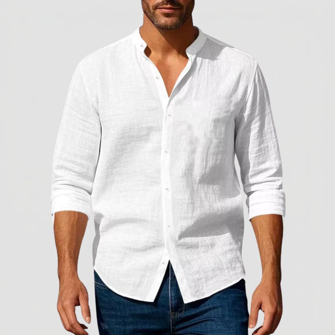 Men's Linen Henley Collar Shirt with Long Sleeves