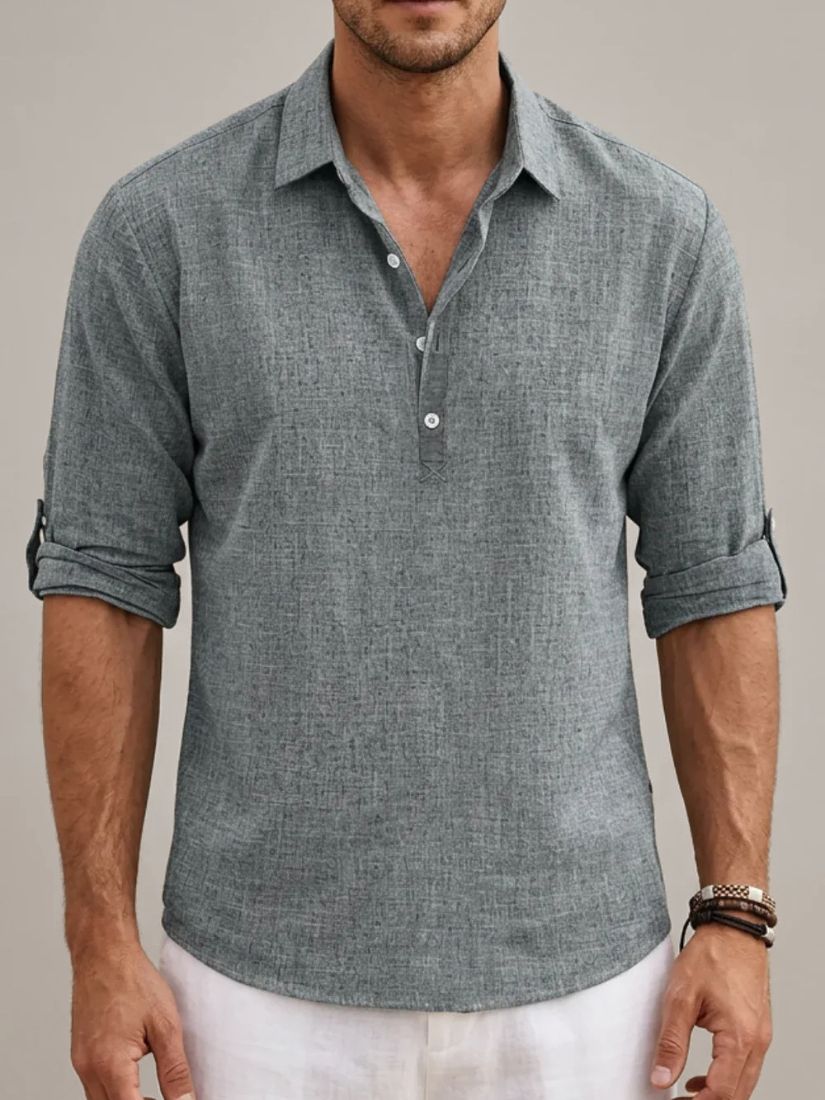 Men's Linen Mix Polo Shirt with Long Sleeves and Button Closure