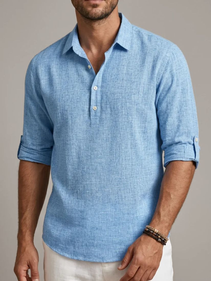 Men's Linen Mix Polo Shirt with Long Sleeves and Button Closure