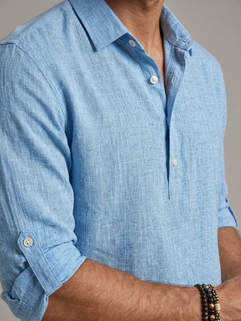 Men's Linen Mix Polo Shirt with Long Sleeves and Button Closure