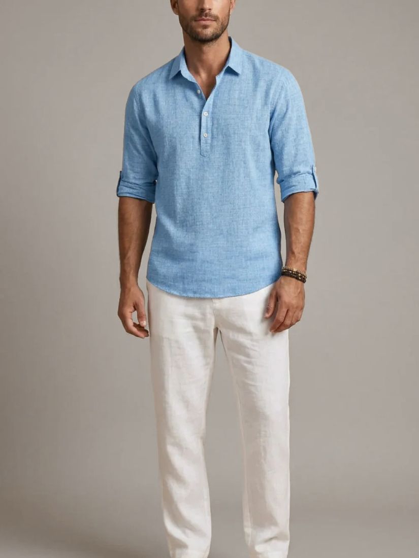 Men's Linen Mix Polo Shirt with Long Sleeves and Button Closure