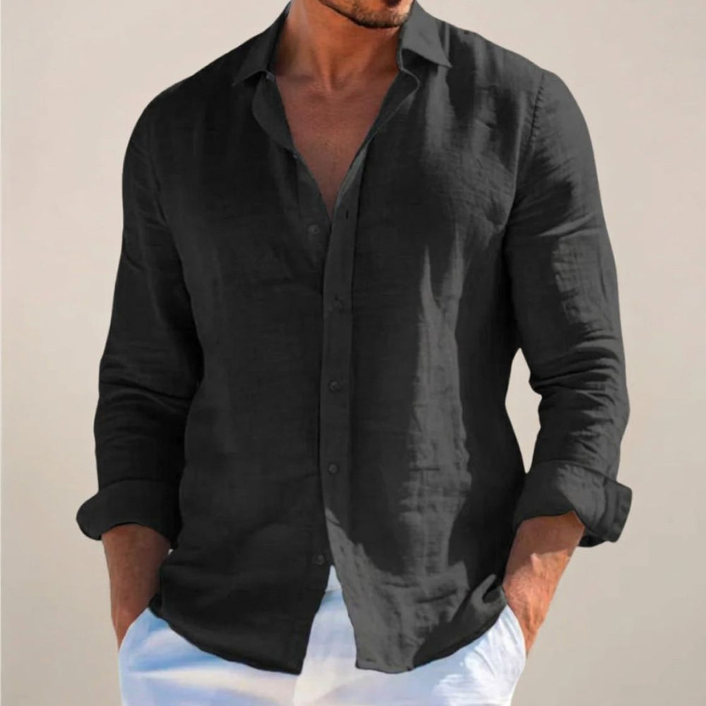 Men's Linen Mix Shirt with Long Sleeves and Button Closure