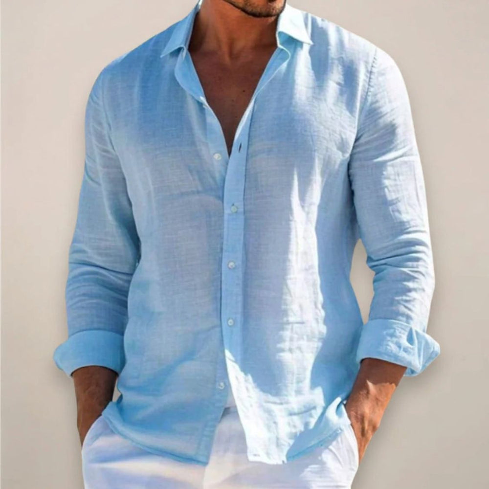 Men's Linen Mix Shirt with Long Sleeves and Button Closure