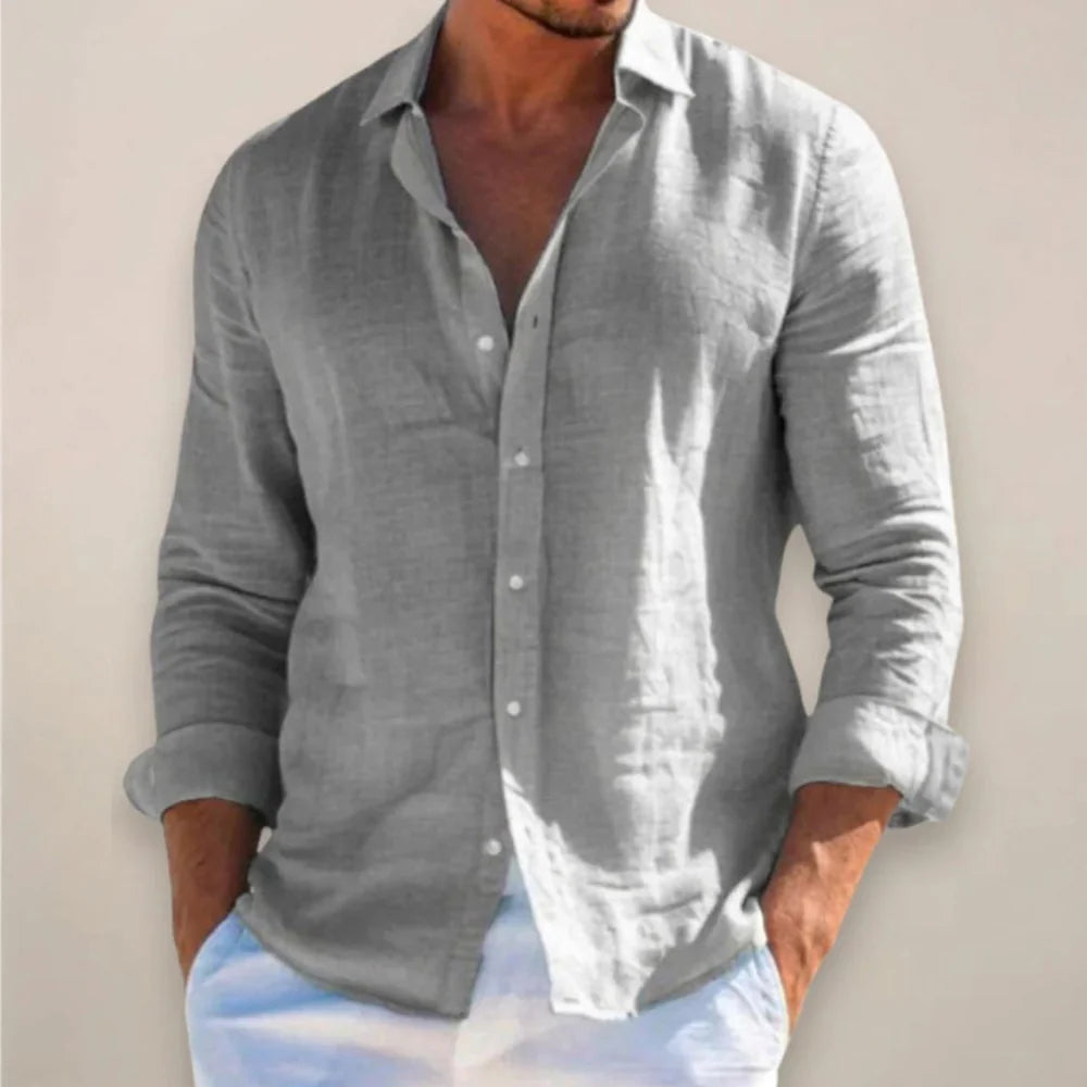 Men's Linen Mix Shirt with Long Sleeves and Button Closure