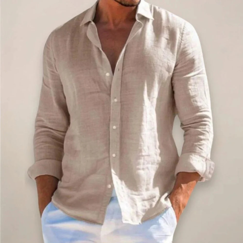 Men's Linen Mix Shirt with Long Sleeves and Button Closure