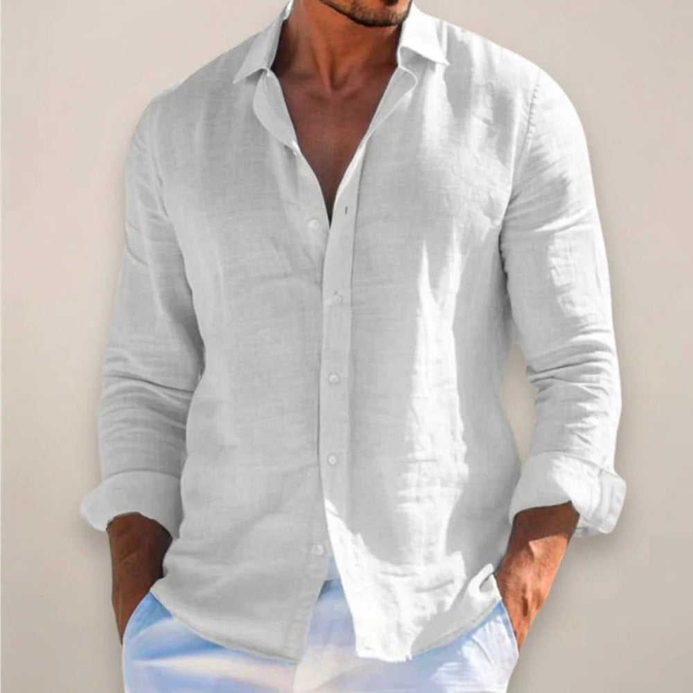 Men's Linen Mix Shirt with Long Sleeves and Button Closure