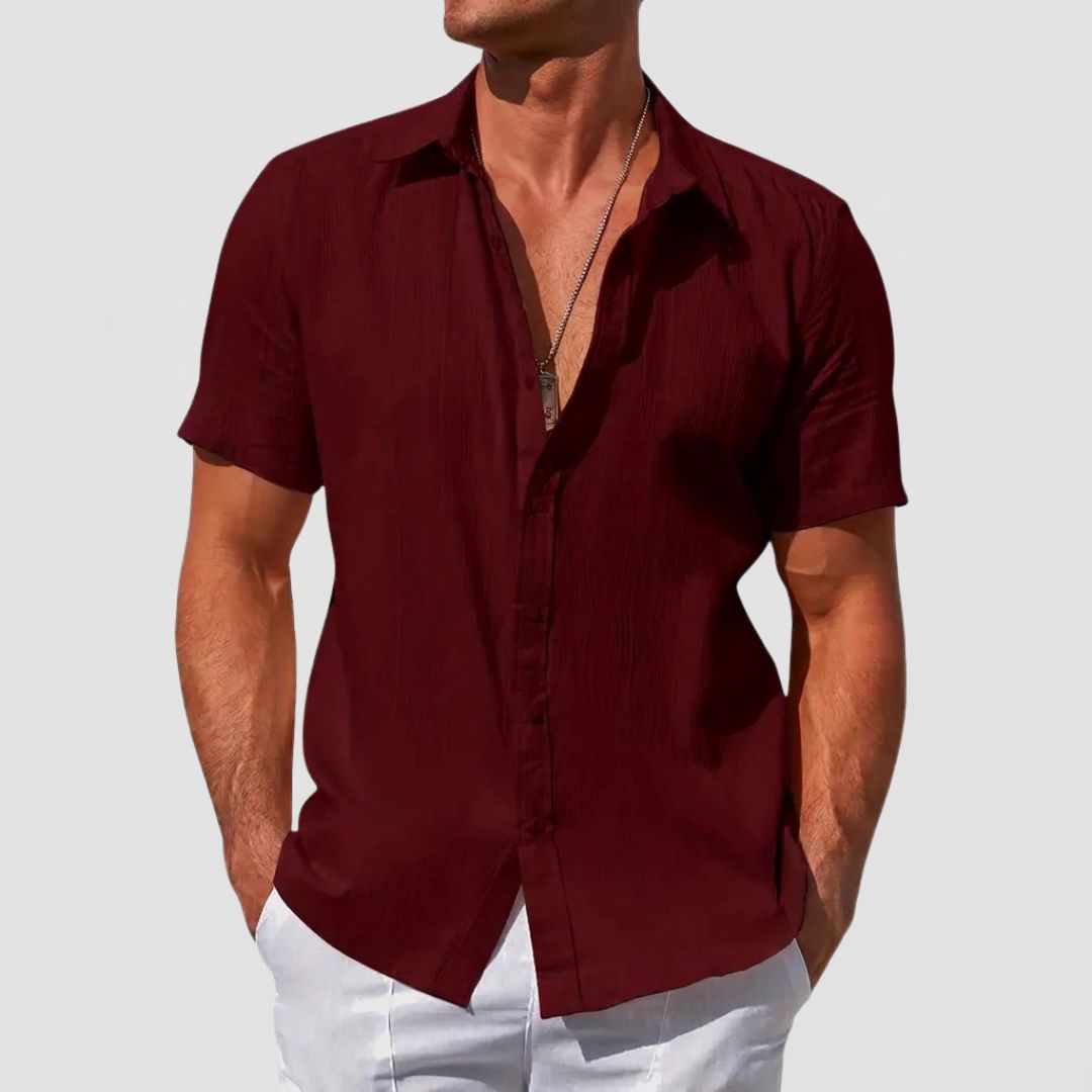 Men's Linen Mix Short Sleeve Shirt with Textured Stripe Pattern