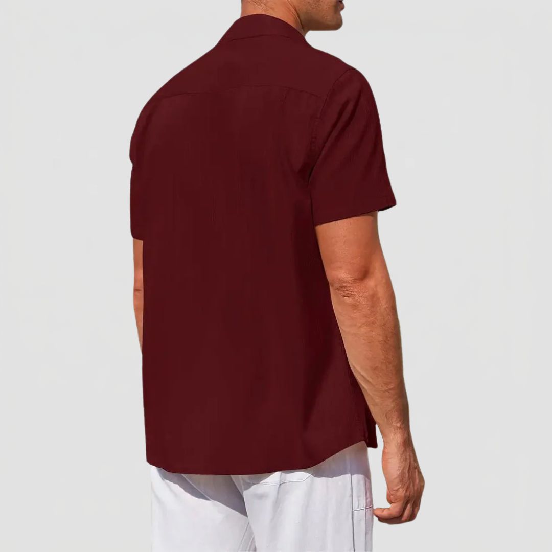 Men's Linen Mix Short Sleeve Shirt with Textured Stripe Pattern