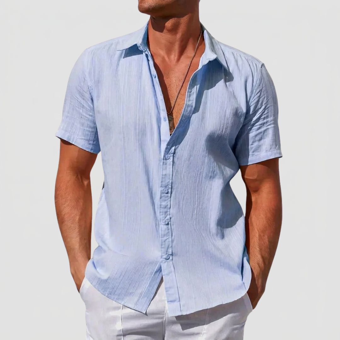 Men's Linen Mix Short Sleeve Shirt with Textured Stripe Pattern