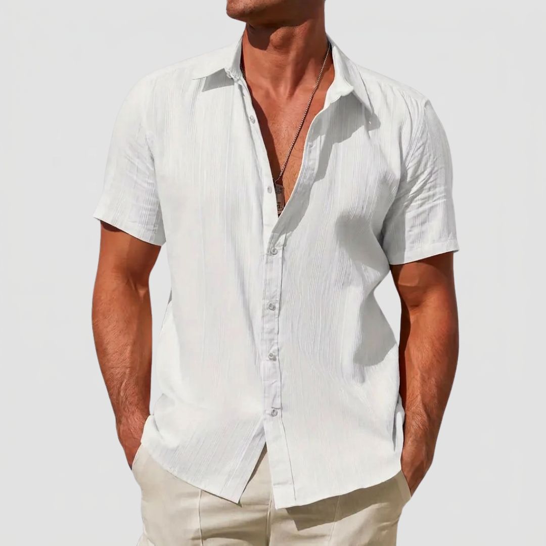 Men's Linen Mix Short Sleeve Shirt with Textured Stripe Pattern