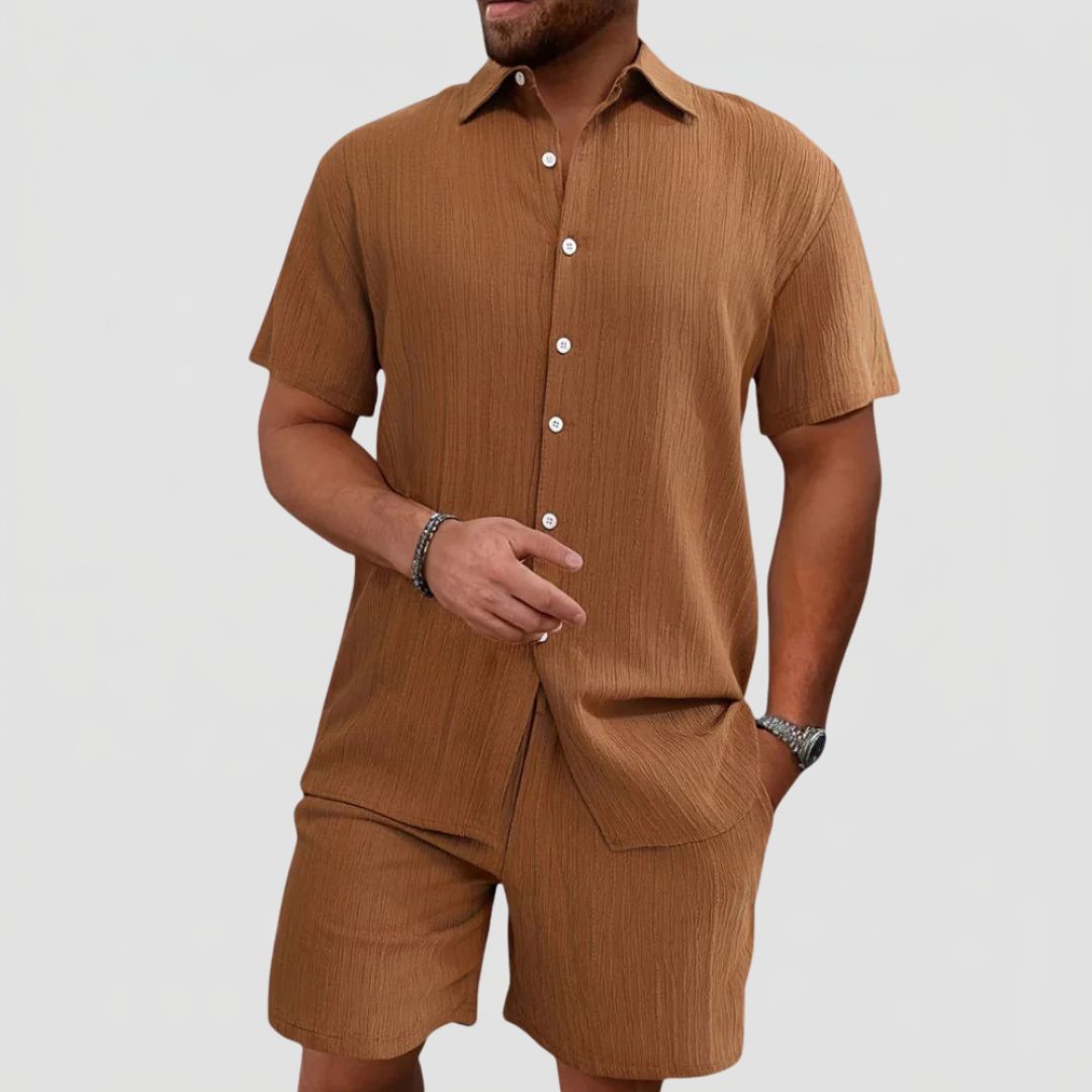 Men's Linen Mix Summer Set with Short Sleeve Shirt and Shorts