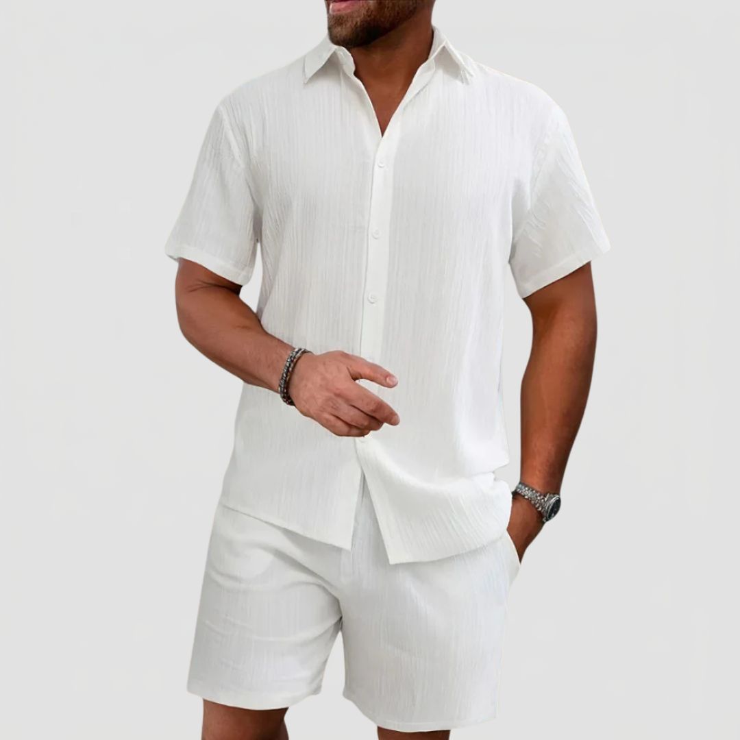 Men's Linen Mix Summer Set with Short Sleeve Shirt and Shorts