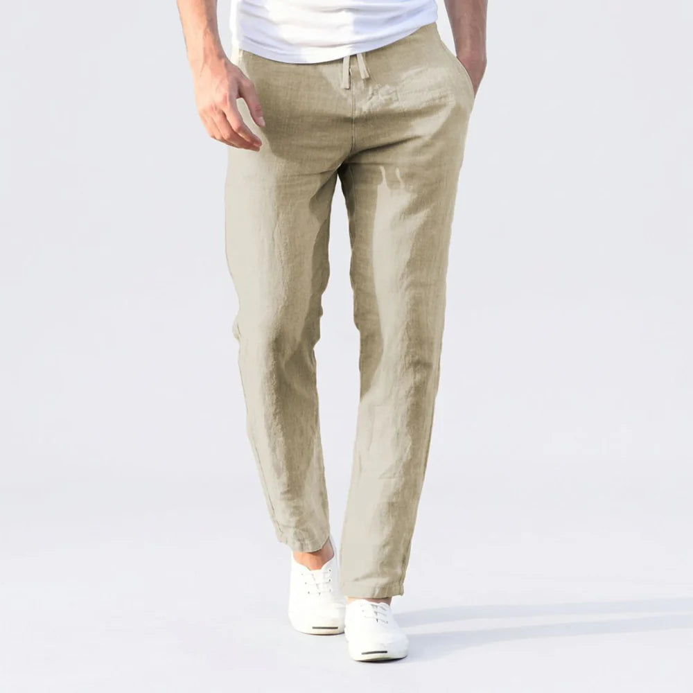 Men's Linen Mix Trousers with Drawstring Waist and Tapered Leg