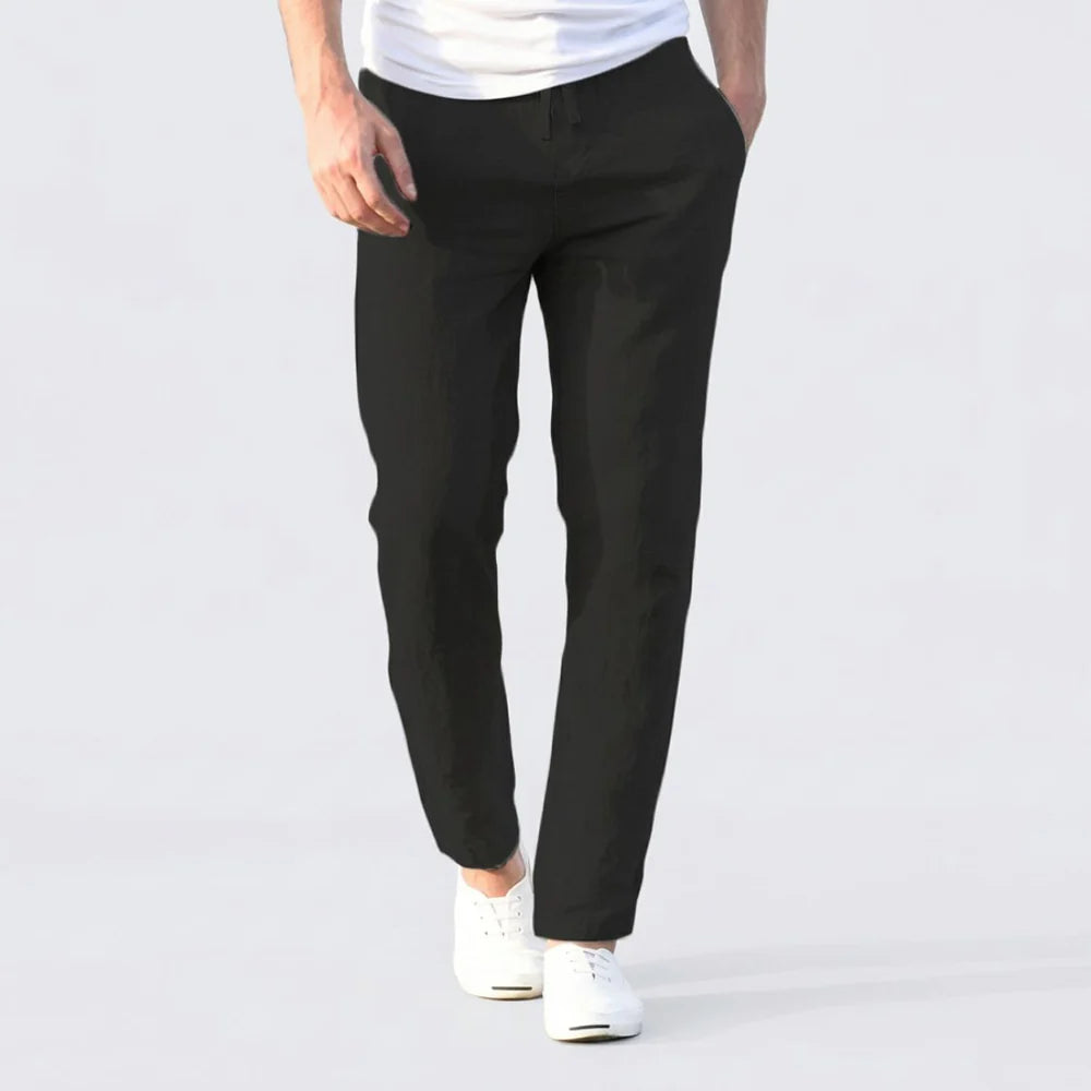 Men's Linen Mix Trousers with Drawstring Waist and Tapered Leg