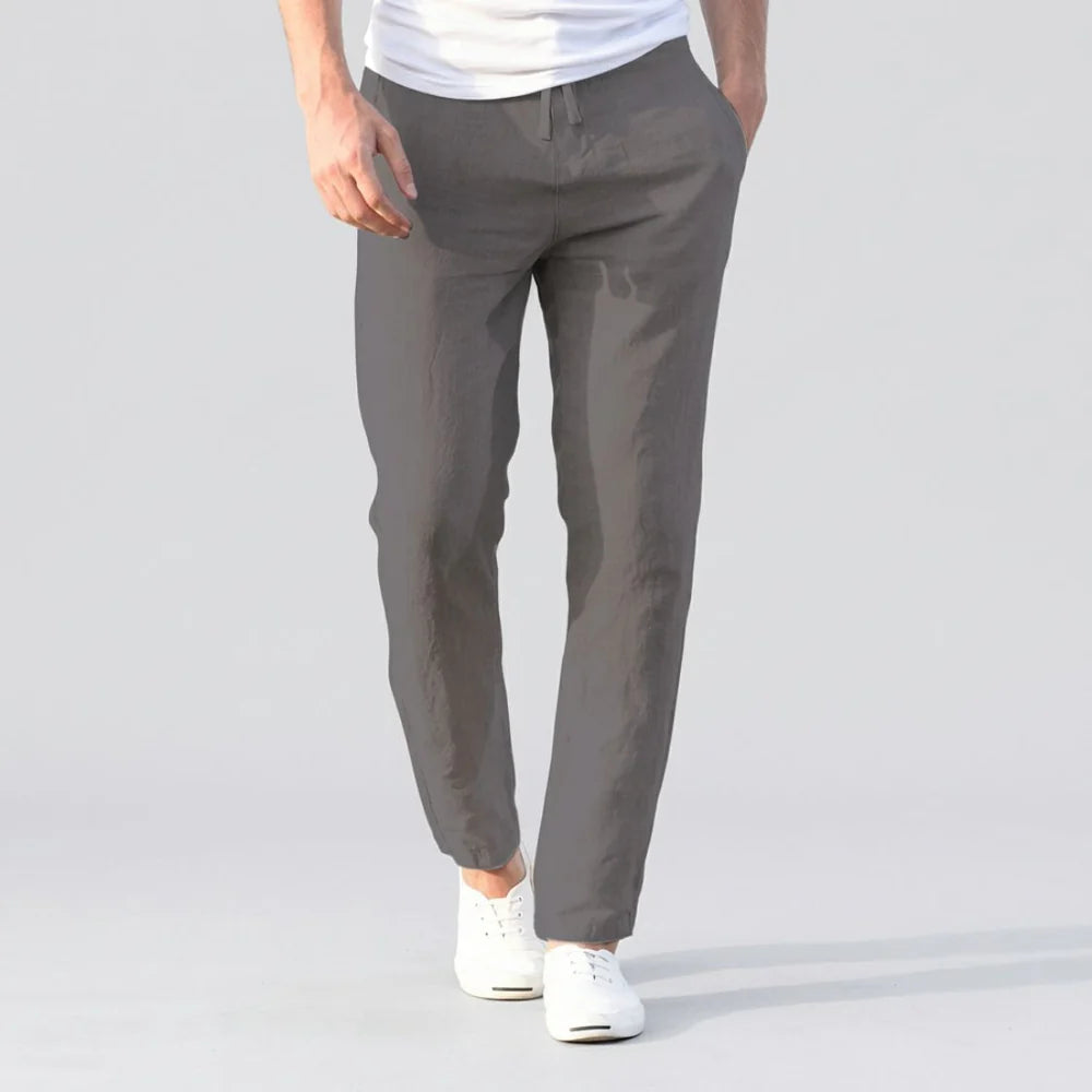 Men's Linen Mix Trousers with Drawstring Waist and Tapered Leg