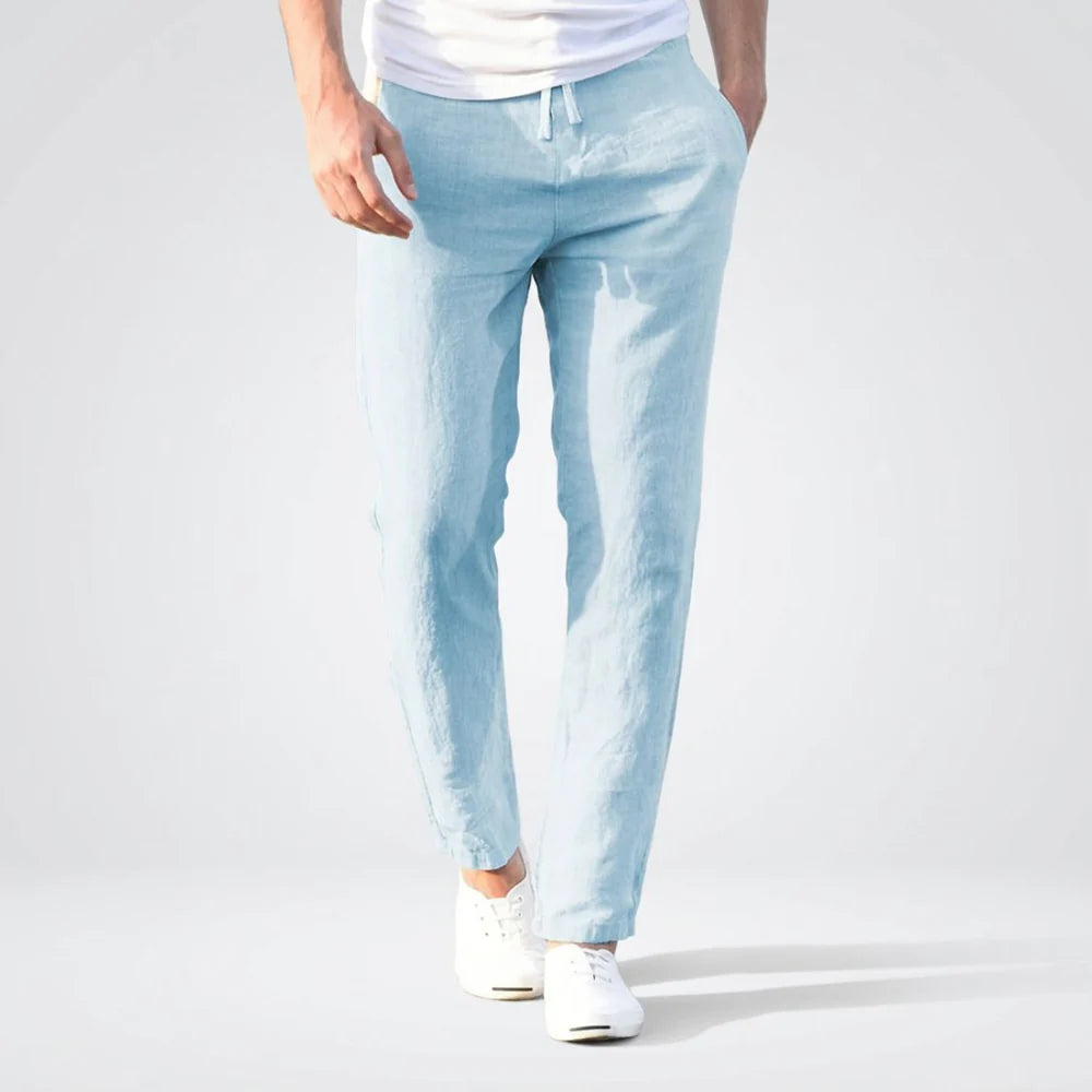 Men's Linen Mix Trousers with Drawstring Waist and Tapered Leg
