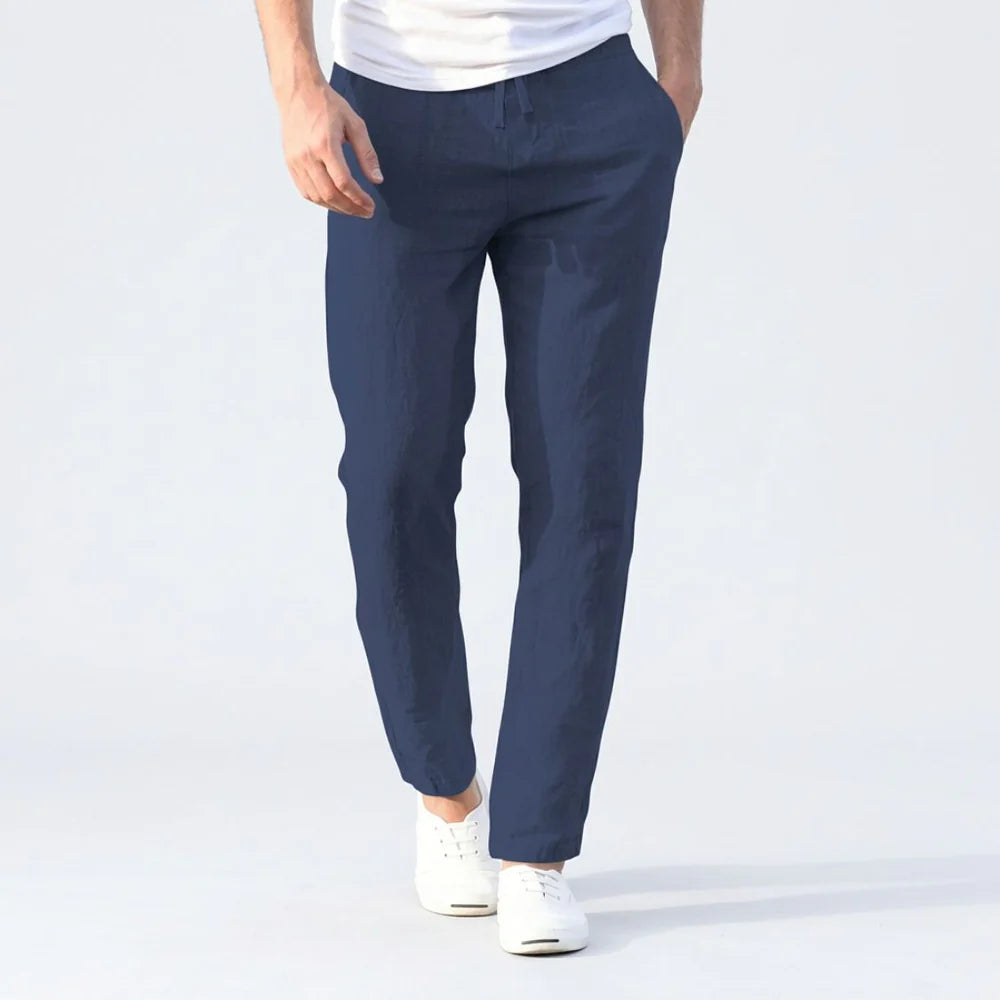 Men's Linen Mix Trousers with Drawstring Waist and Tapered Leg