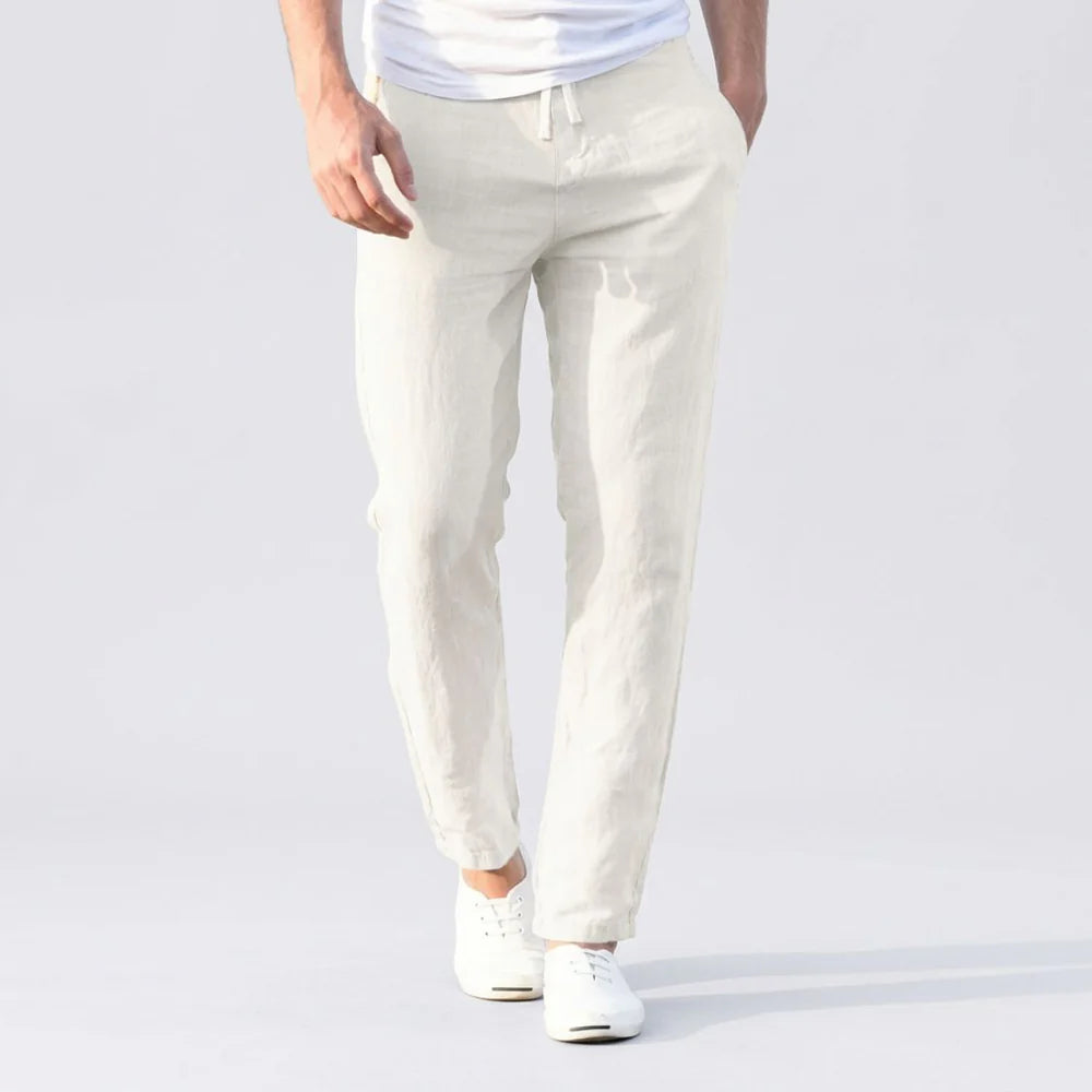 Men's Linen Mix Trousers with Drawstring Waist and Tapered Leg