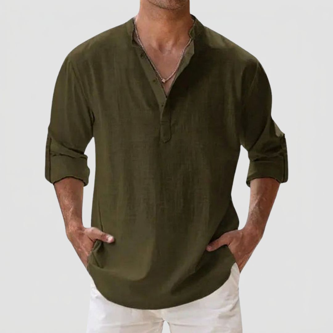 Men's Linen Shirt with Henley Collar and Long Sleeves