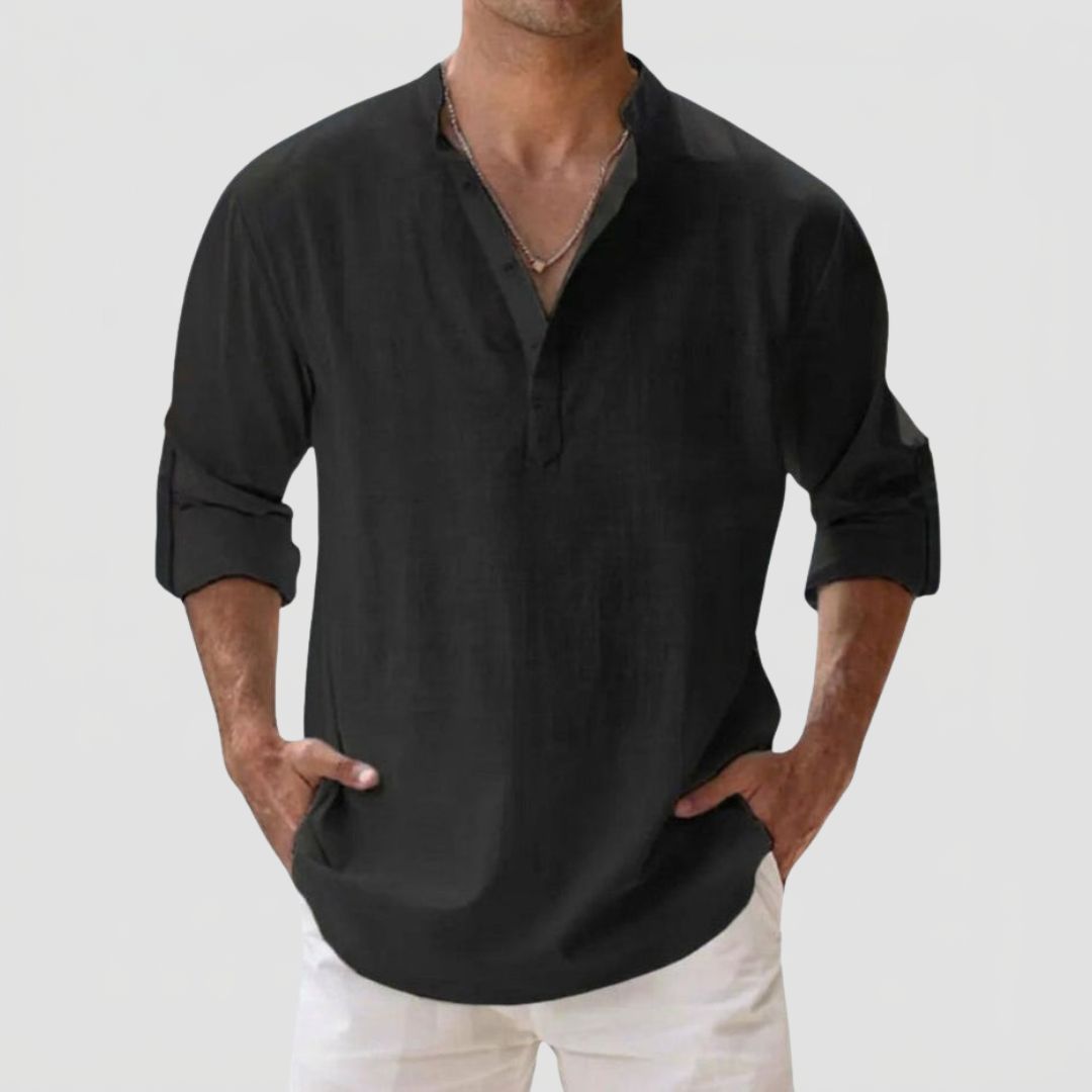 Men's Linen Shirt with Henley Collar and Long Sleeves