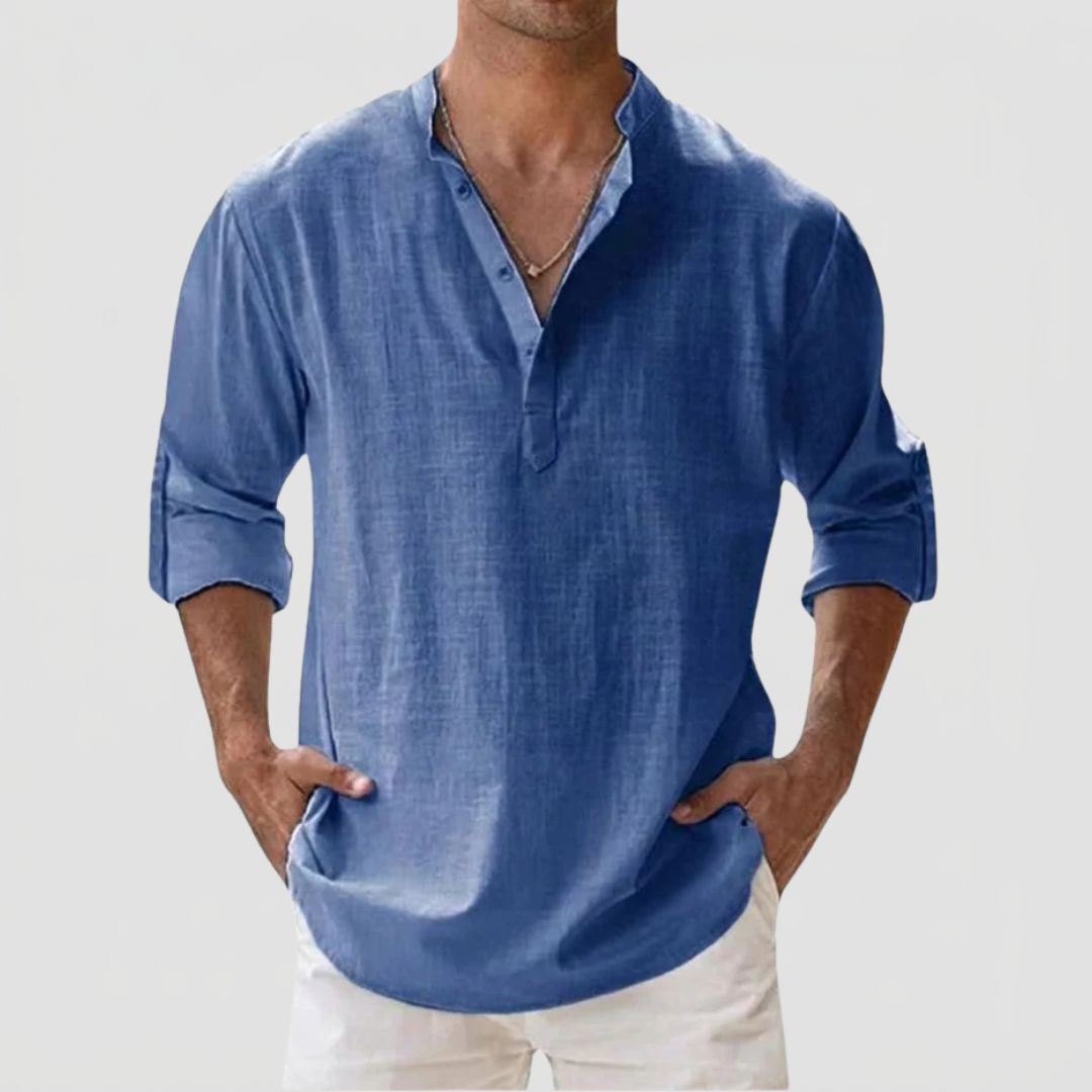 Men's Linen Shirt with Henley Collar and Long Sleeves